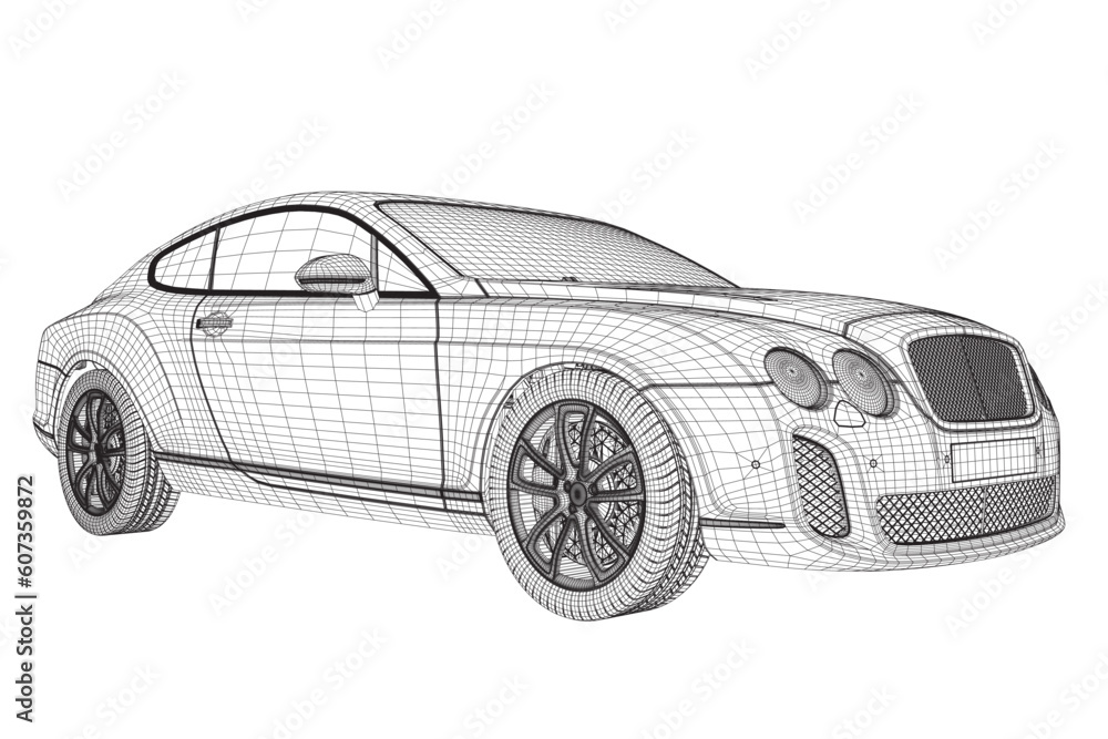 Coloring page vector line art for book and drawing. Black wireframe illustrate Isolated on white background. High speed drive vehicle. Graphic element. Illustration car. Stroke without fill. 3D..