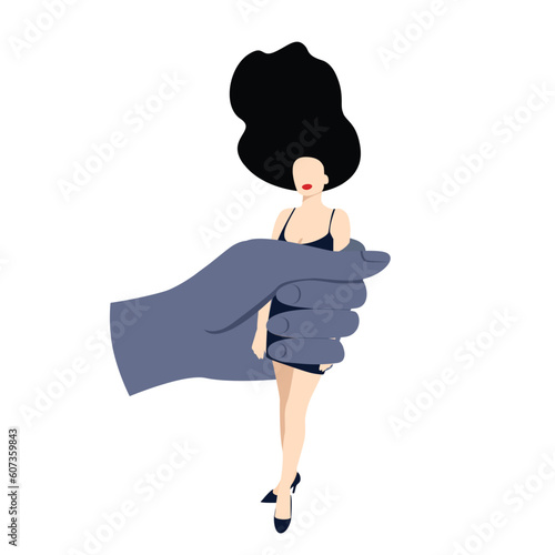 A woman in an evening dress is clasped in a man's hand. The concept of a girl in captivity, domestic violence, manipulation, gaslighting, lack of freedom of choice. Cartoon style illustration.