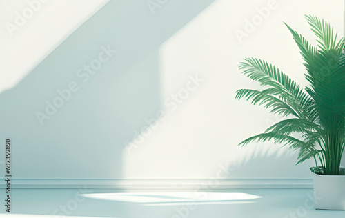 Empty minimal white podium  soft beautiful dappled sunlight  tropical palm leaves shadow on the wall  3D background