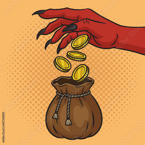 Usury moneylender devil hand gives money pinup pop art retro raster illustration. Comic book style imitation. photo