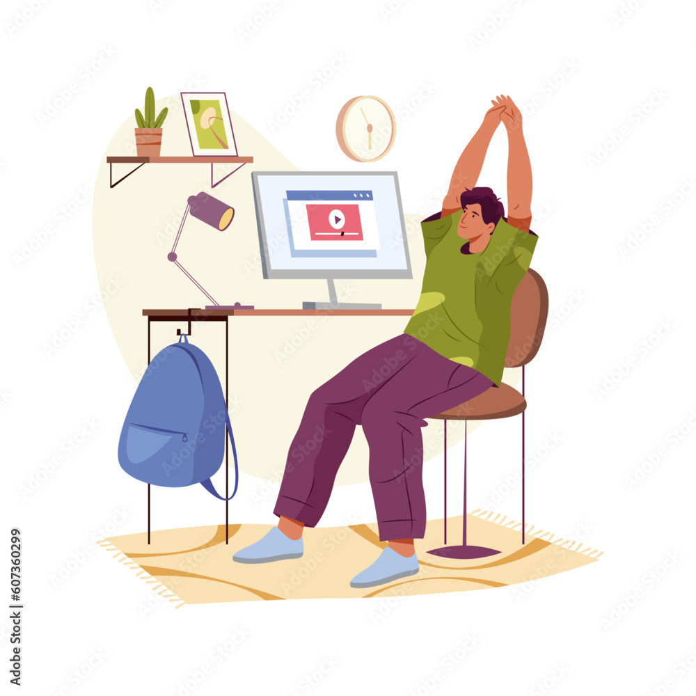 Fototapeta premium Man stretches at workplace, employer stretching, flat cartoon vector illustration. Freelancer working from home or office, cartoon character doing small exercises at workplace to get rest