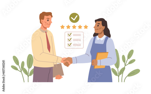 Businesswoman and businessman standing together and shaking hands. Job hire concept. Successful business deal or agreement. Project collaboration, two people formal meeting. Flat style vector