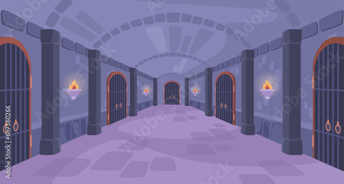 Castle interior, medieval hall with dungeon gates, burning fire torches in chandeliers, vector fairytale dance hallway with column for monarchy wedding ceremonies, mystery hall illustration