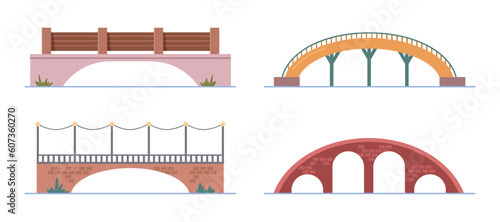 Flat vector set of different bridges park elements in flat cartoon style. Wooden, metal and brick footbridges. Constructions for transportation. Architecture theme, vector illustration bridges