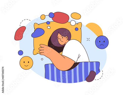 Sleep disorder, woman has problem with health, flat cartoon vector illustration. Insomnia, girl on pillow awake at night, depression and anxiety, difficulty with sleep