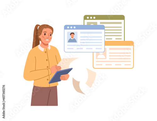 Human resource management and hiring concept. Job interview, recruitment agent woman looking at resume of potential candidates, flat cartoon vector illustration, hiring agency