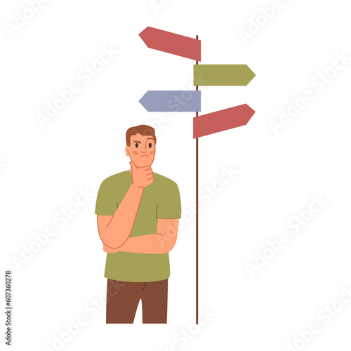 Man choosing from multiple directions, street direction pointer and thinking man flat cartoon vector illustration. Guy making choices, decision different options, opportunities and pathways