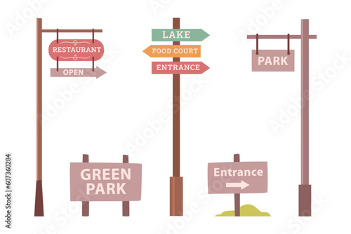 Park signboards, wooden guidpost boards with garden entrance sign, open restaurant or foodcort announcement panels flat cartoon vector illustrations set