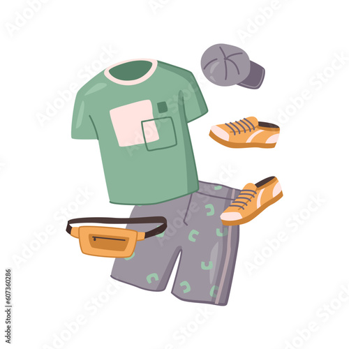 Vector illustration of casual summer clothing, apparel for vacation. Green t-shirt and shorts, bag and yellow shoes, cap in flat cartoon style. Fashionable male outfit