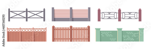 Fence icons set, park elements in flat cartoon style. Vector illustration of garden fences, wooden or brick railing, bakyard construction, home barriers