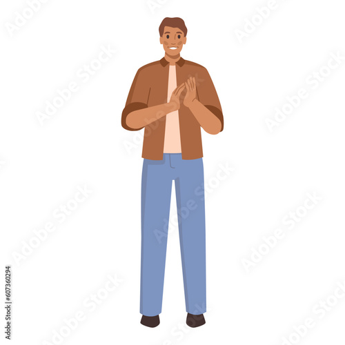 Man showing support gestures, applause or greets, hand claps. Vector illustration of happy person ovation, showing respect or appreciation to someone, celebration or bravo claiming