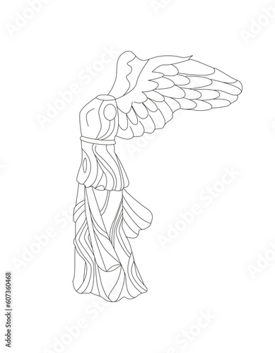 Ancient Greek goddess with wings Nike. Antique statue, sculpture.  Vector isolated on white background. Renaissance. Hand drawn line art. 