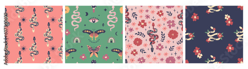 Set of Bohemian floral seamless patterns. Mysterious garden, fairytale. Snakes, butterflies, retro flowers, mushrooms. Mystical symbols. Halloween. Background. Digital paper. Vector illustration.