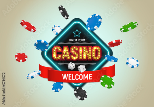 Shining sign Casino with chips and dice on light background. Vector illustration.