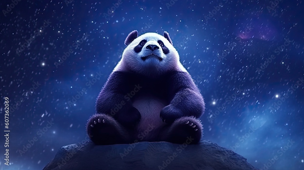 panda sitting under a starry night sky. dark blues and purples for the sky, the panda with a subtle, dream-like effect. twinkling stars and a crescent moon to create a magical atmosphere panda sitting under a starry night sky. dark blues and purples for the sky, the panda with a subtle, dream-like effect. twinkling stars and a crescent moon to create a magical atmosphere