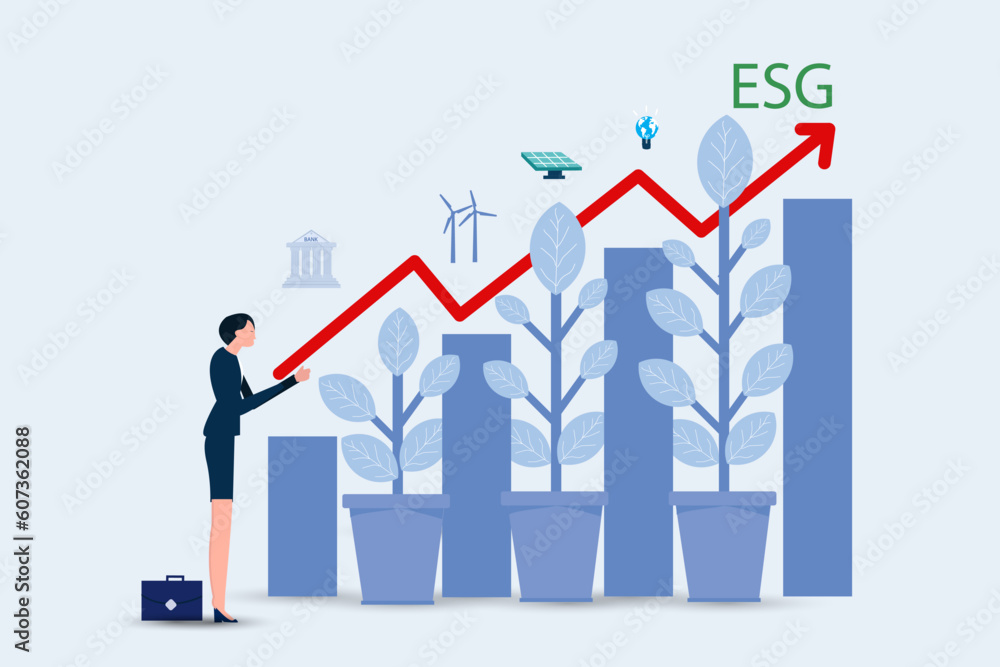 ESG or ecology problem concept, businesswoman leader watering seedling growth invest concept vector illustrator. ESG or ecology problem concept, businesswoman leader watering seedling growth invest concept vector illustrator.