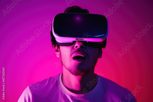 Men Startled Wearing VR with Solid Blank Background, generated with AI. Suitable for background design wallpaper, futuristic websites, posters, and banners, with a copy space area. © Designkuy