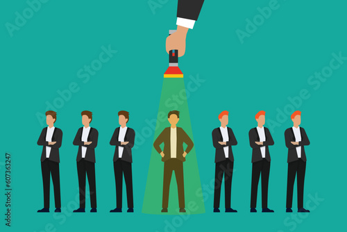 Office worker stand in light, business recruitment winner 2d vector illustration concept for banner, website, illustration, landing page, flyer, etc.