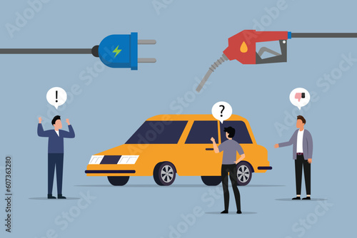 An EV electric car and a charging station compared to a conventional car with a gas pump 2d vector illustration concept for banner, website, illustration, landing page, flyer, etc.