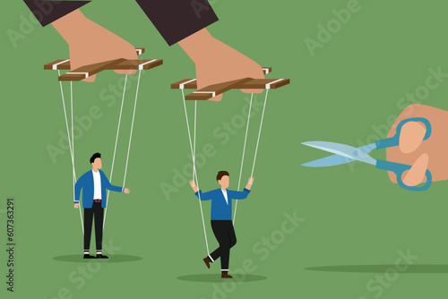 A man's hand cuts the threads between the puppeteer and the puppet with scissors 2d vector illustration concept for banner, website, illustration, landing page, flyer, etc.