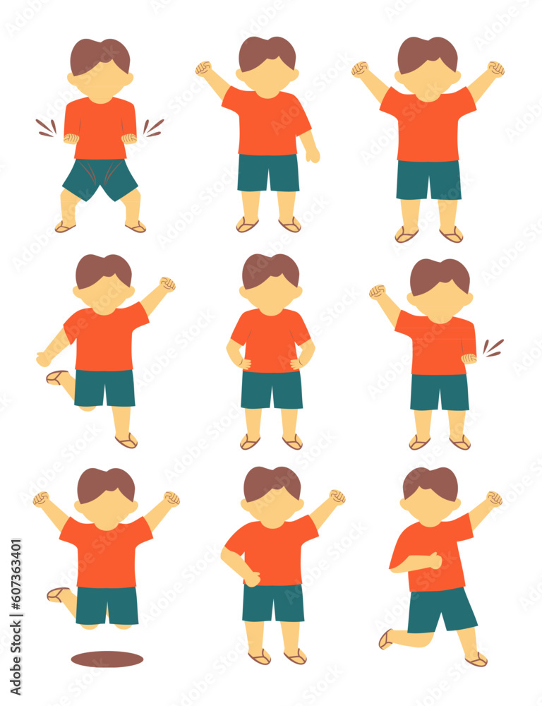 Happy kids cartoon set in different gesture isolated on white background.