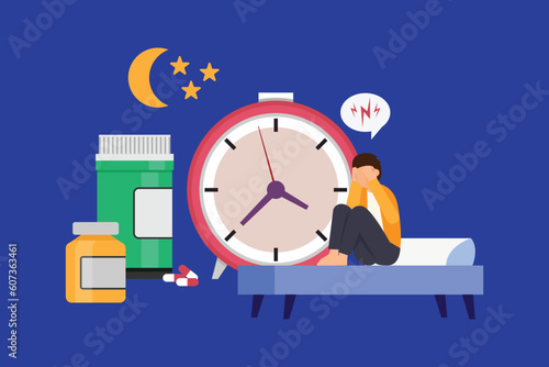 Tired man suffering from insomnia 2d vector illustration concept for banner, website, illustration, landing page, flyer, etc.