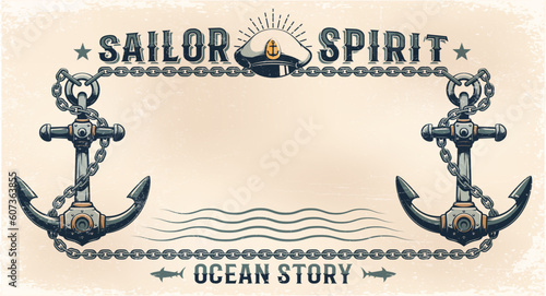Maritime retro poster with anchors. Template of a maritime poster with a space for text and grunge effect. Vector illustration.