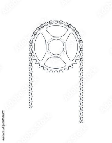 Vector black line bicycle crank with chain. Isolated on white background
