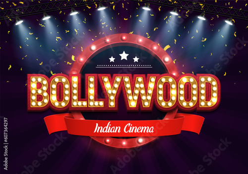 Bollywood indian cinema. Movie banner or poster with retro billboard and confetti illuminated by spotlights. Vector illustration.