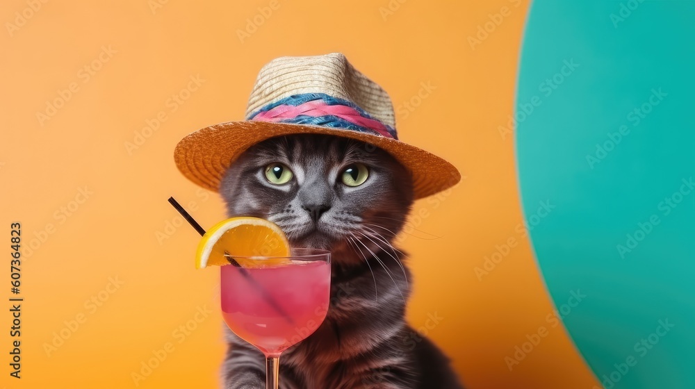 Cat with hat and cocktail on colorful background