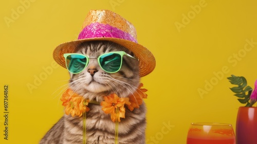 Cat with hat and cocktail on colorful background