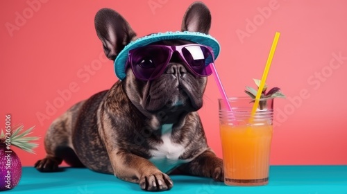 Dog with hat and cocktail on colorful background © ZEKINDIGITAL