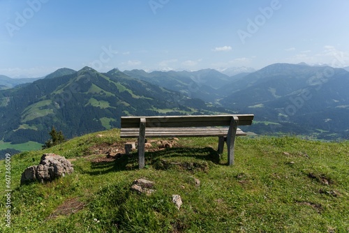 Beautiful view of a bench in the mountains in Austria