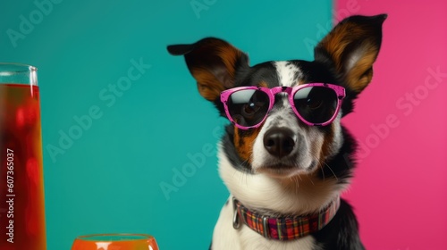 Dog with hat and cocktail on colorful background © ZEKINDIGITAL