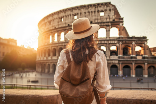 Young girl with backpack in a hat stands with her back and looks at the Colosseum in Rome in the sun.Travel Adventures. Close-up. Generative AI content.