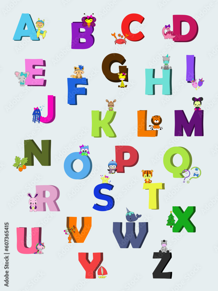 ABC with cartoon animals. Animal alphabet. Letters from A to Z. . Different animals. Alphabet poster with cute animal characters. First alphabet for kids education and learning skills ABC with cartoon animals. Animal alphabet. Letters from A to Z. . Different animals. Alphabet poster with cute animal characters. First alphabet for kids education and learning skills
