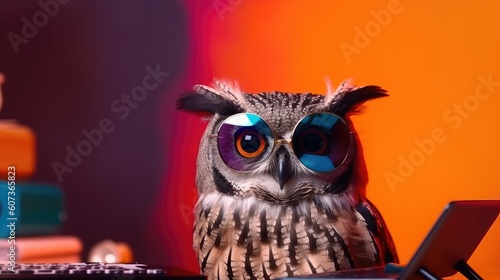 Cool owl working on laptop
