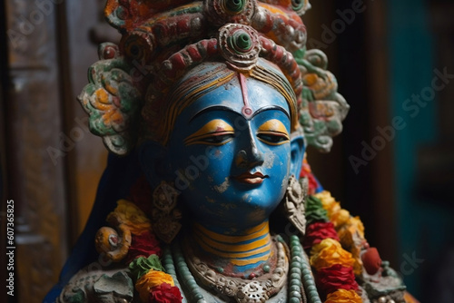 Close-up of colorful statue of vishnu hindu god in temple. Saraswati devi Goddess, Happy Vasant Panchami Indian festival, Goddess Maa Saraswati, Indian God. Created with Generative AI Technology.