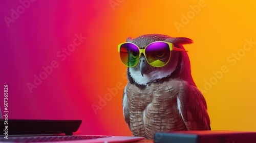 Cool owl working on laptop