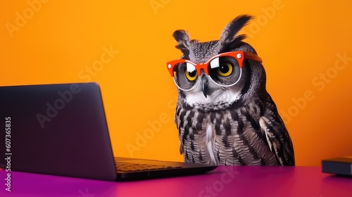 Cool owl working on laptop