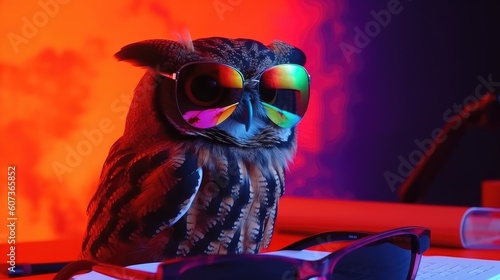 Cool owl working on laptop