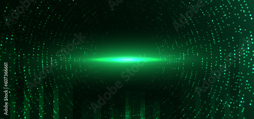 Abstract technology futuristic digital dot pattern with lighting glowing particles elements on dark green background.