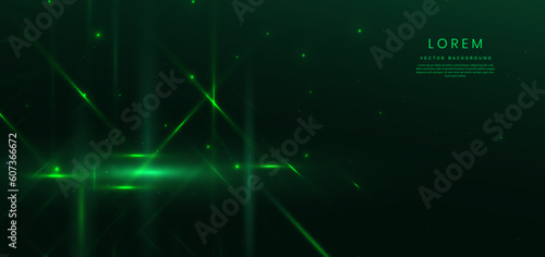 Abstract technology futuristic glowing green light lines on dark green background.