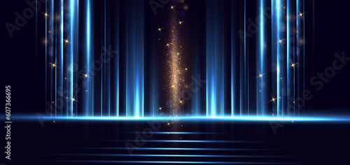 Abstract blue light stripe vertical lines light on dark blue background with gold lighting effect sparkle. Luxury template celebration award design.
