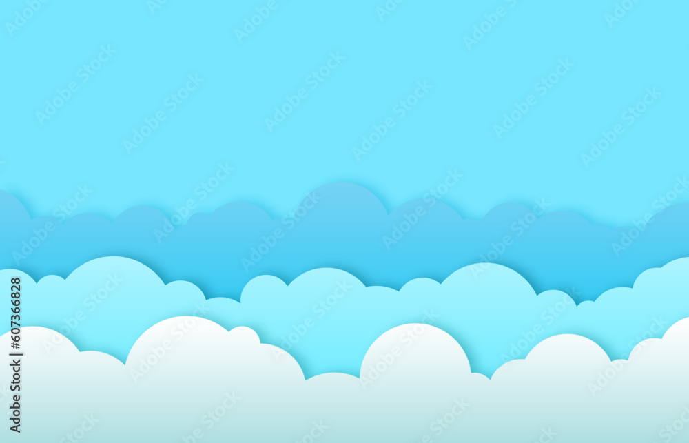 Blue sky with white clouds background. Cartoon flat style design. Papercut style. Vector illustration