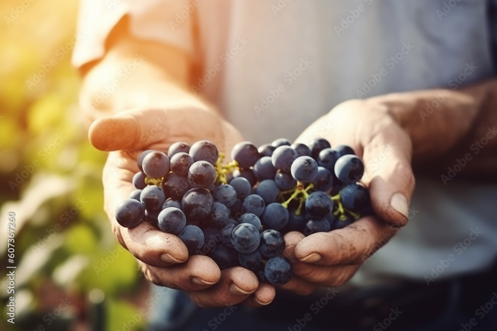 Close up of farmer hands picking up grapes in the vineyard. Generative AI Close up of farmer hands picking up grapes in the vineyard. Generative AI