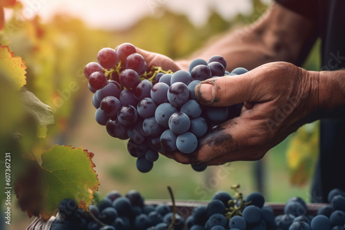 Close up of farmer hands picking up grapes in the vineyard. Generative AI