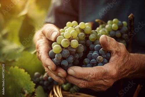 Close up of farmer hands picking up grapes in the vineyard. Generative AI