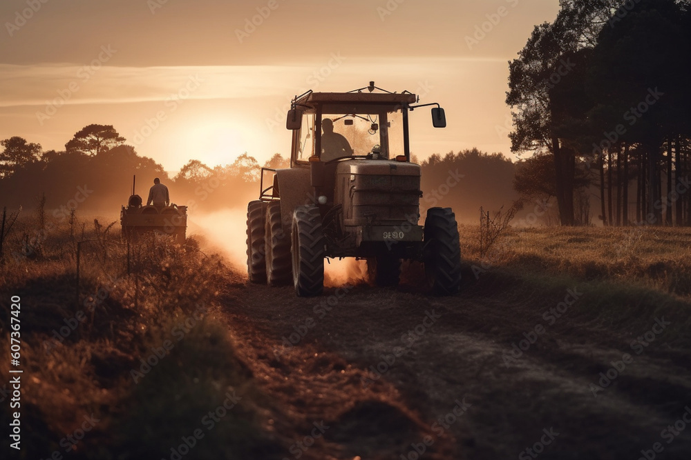 Fototapeta premium Aerial Drone View of Tractor Spraying Pesticides at Sunset. Generative AI