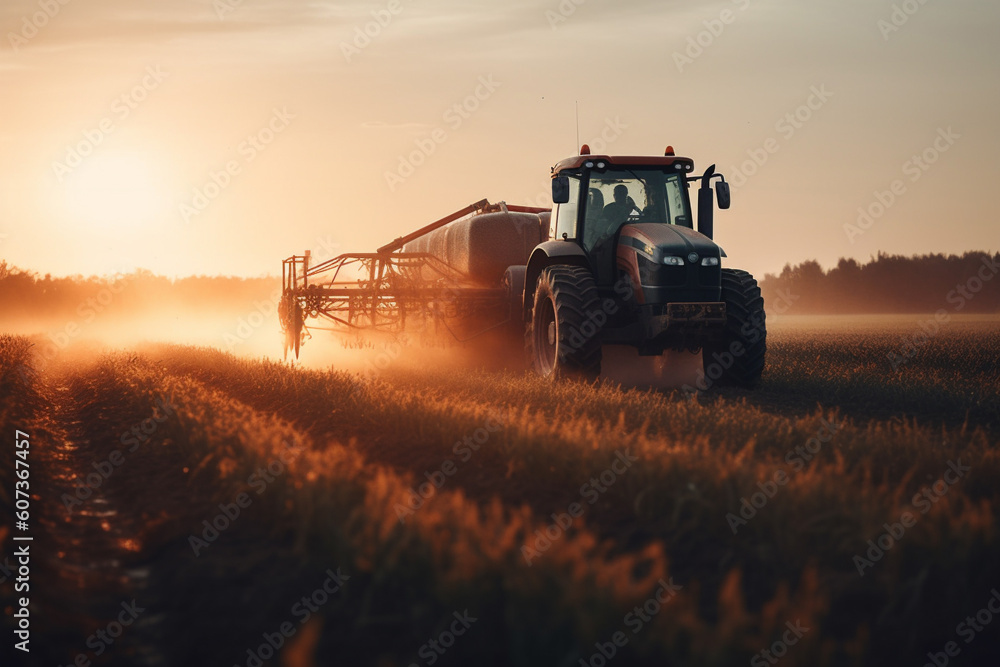 Obraz premium Aerial Drone View of Tractor Spraying Pesticides at Sunset. Generative AI